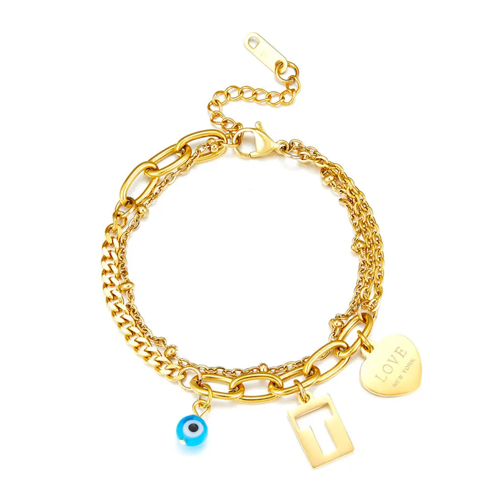 Heart-shaped+Rectangular T-shaped Hollow+1 Blue Eyeball Double Bracelet asonjewelry